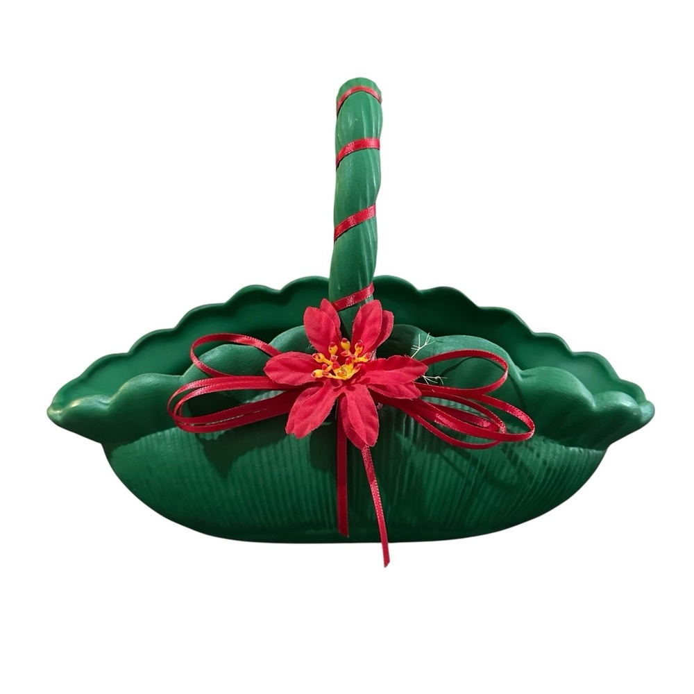 Vintage Ceramic Basket Green Red Floral Leaf Christmas Decorations Handmade